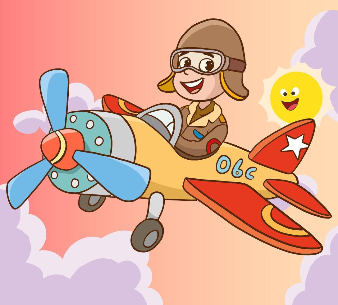 boy flying on airplane in the sky. cartoon kid pilot on plane. flying adventurer boy full of excitement and curiosity. smiling aviator plane travel vector