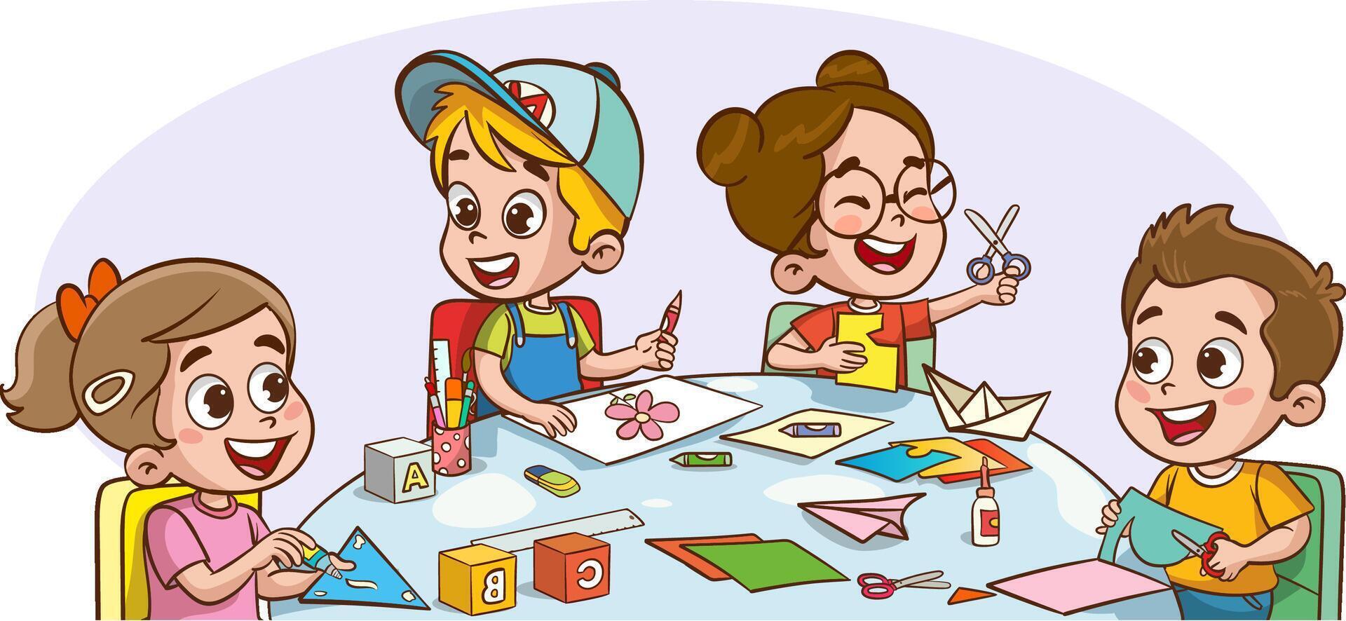 Cute little kids boy and girl cutting colored paper with scissors making paper cut art craft vector