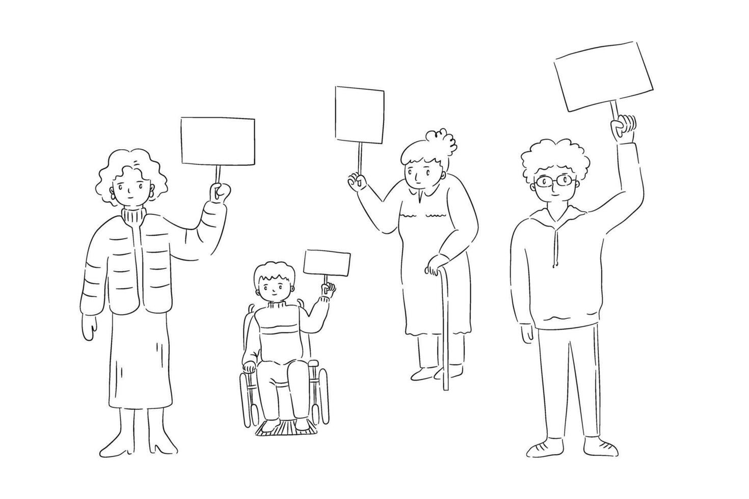 Hand drawn sketch of diverse people with hand holding a blank sign in Ink outline Stroke. vector