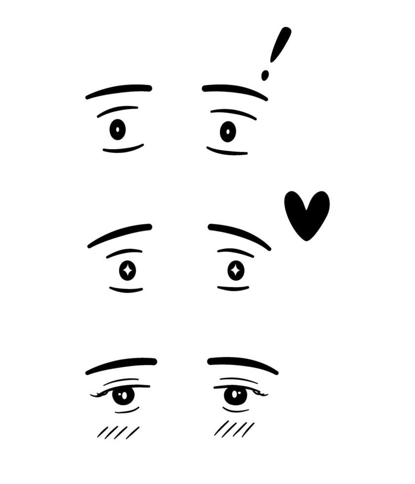 Set of the cartoon eyes with emotion surprised pleased and embarrassed, black and white cartoon lines. vector