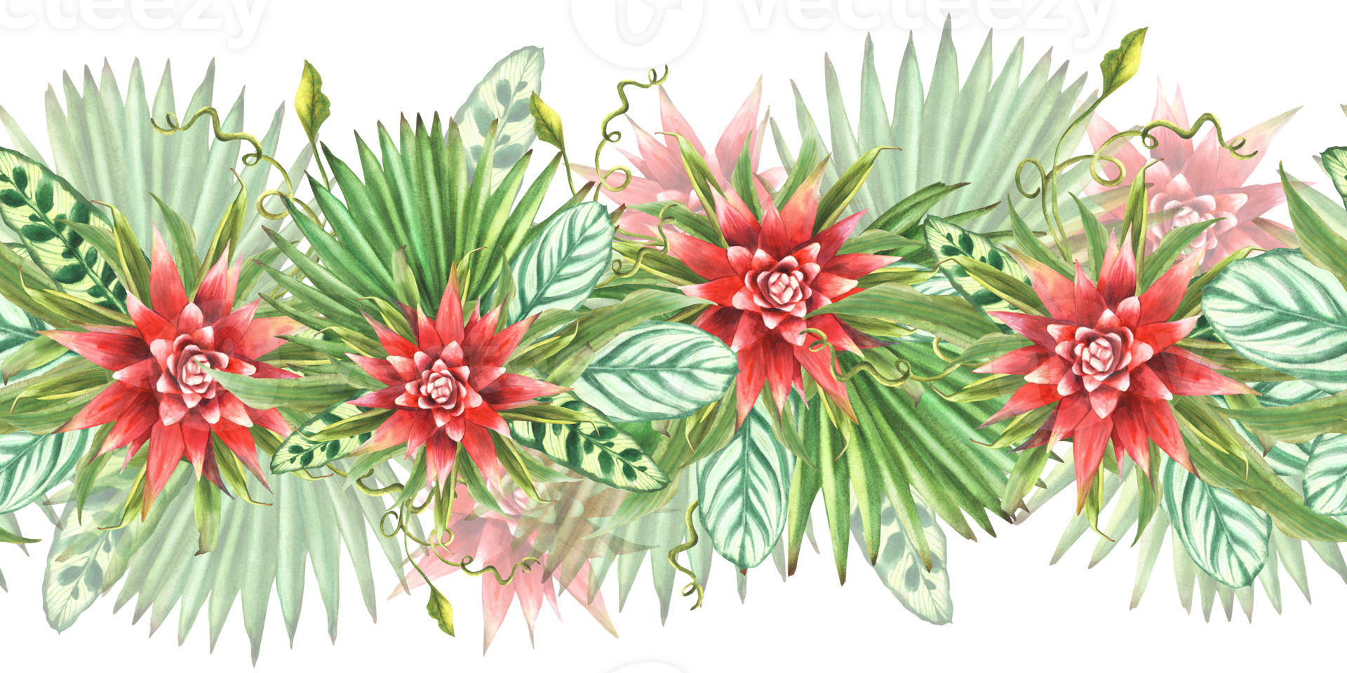 Tropical leaves with red flowers, palm leaf, curly creeper, home plant greenery. Seamless border, pattern Exotic Hawaiian jungle floral clipart Watercolor painted illustration on isolated background png