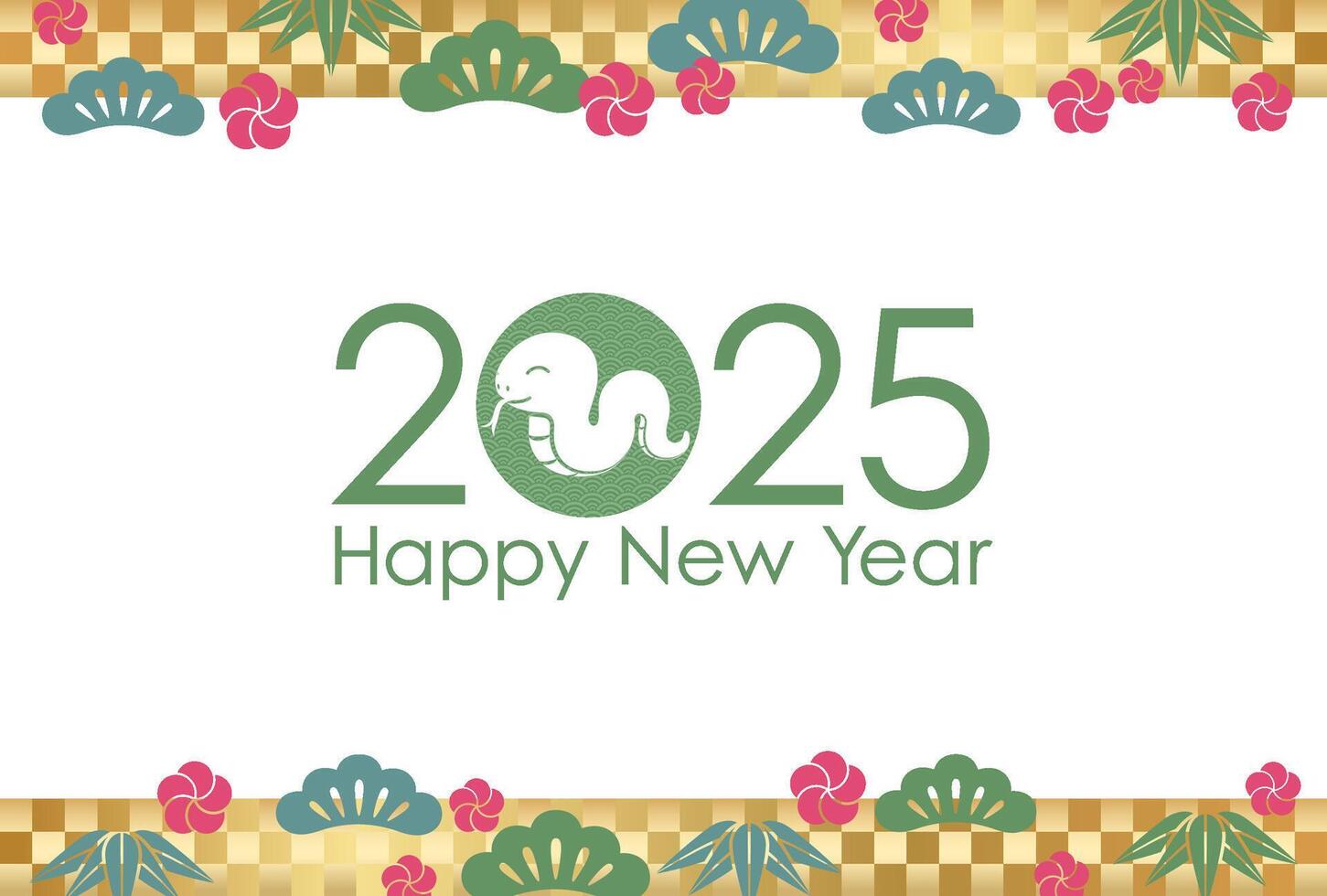 The Year 2025, The Year Of The Snake, Greeting Card Template Decorated With Japanese Vintage Patterns. vector