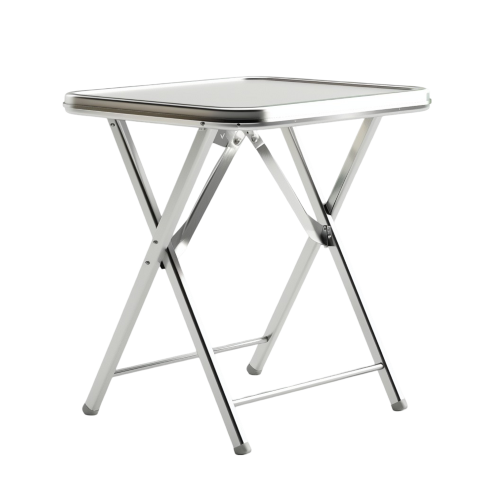 A metal folding table with a clear glass top On transparent background. png