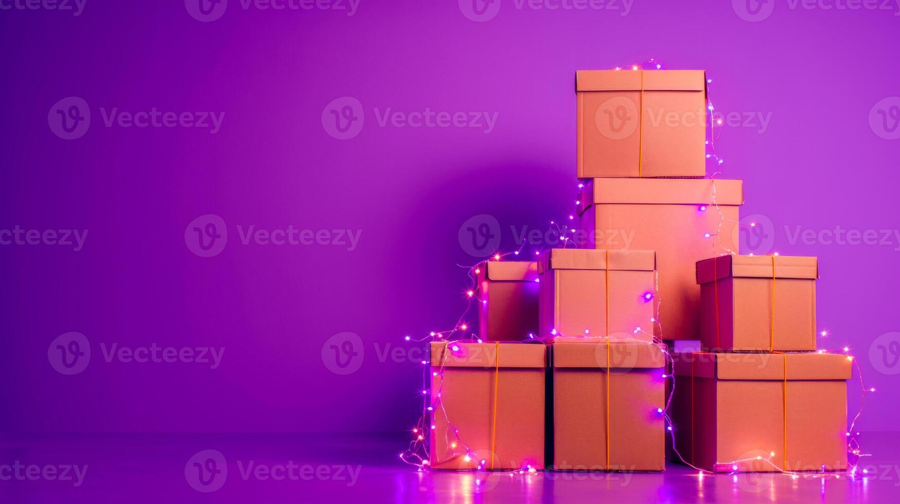Stack of cardboard boxes with garland in the empty room on the violet background. Packaging shipping delivery. Christmas Moving concept. Cargo orders with packs. pile of brown carton boxes. photo