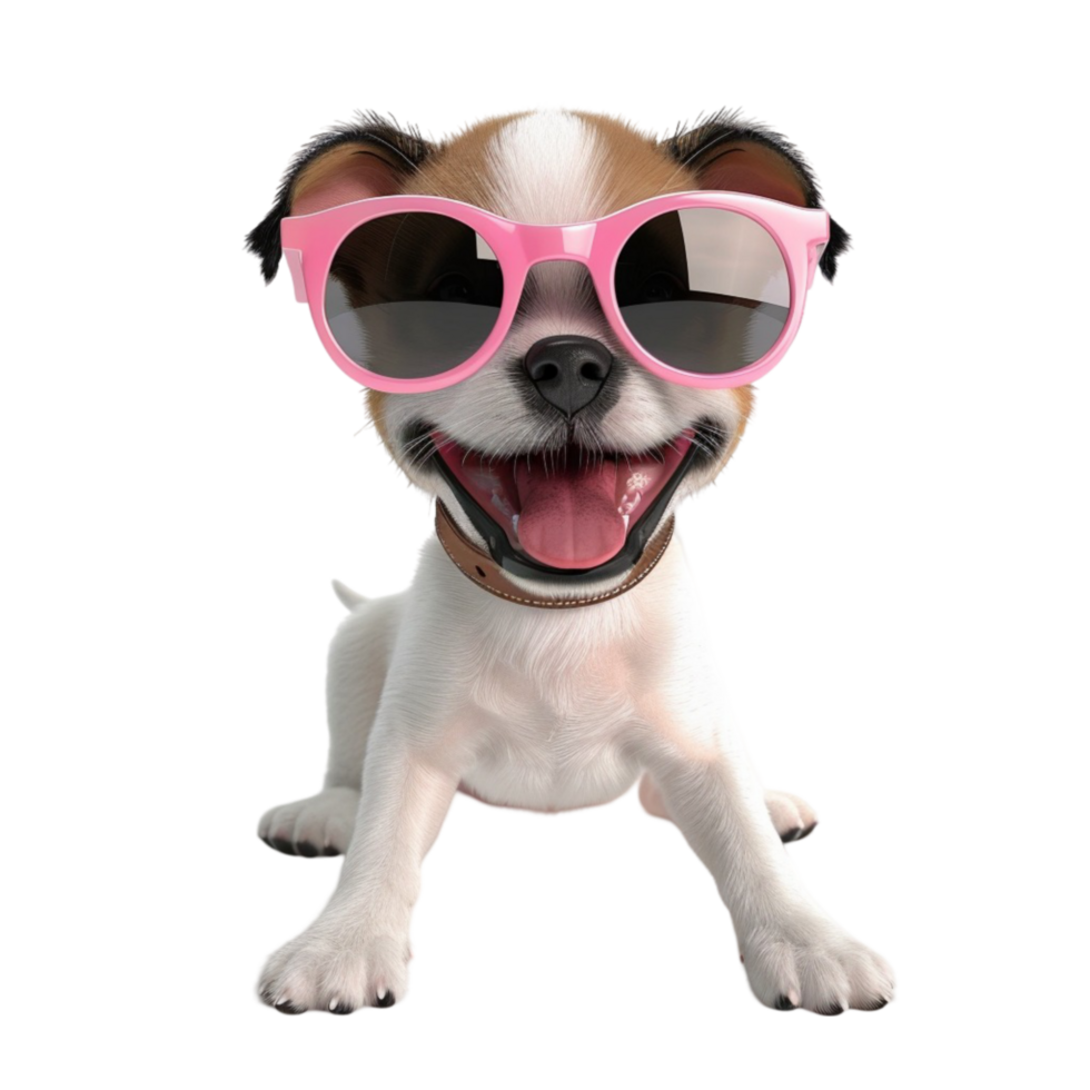 A cute dog wearing pink sunglasses on transparent background. png