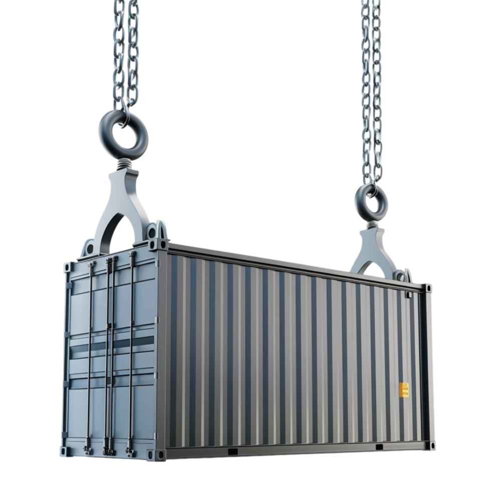 A container is hanging from a chain on transparent background. png