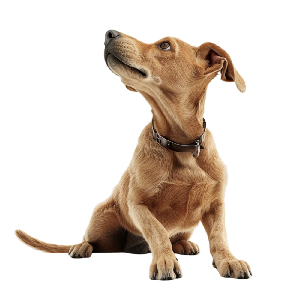 A dog sitting on the ground looking up on transparent background. png