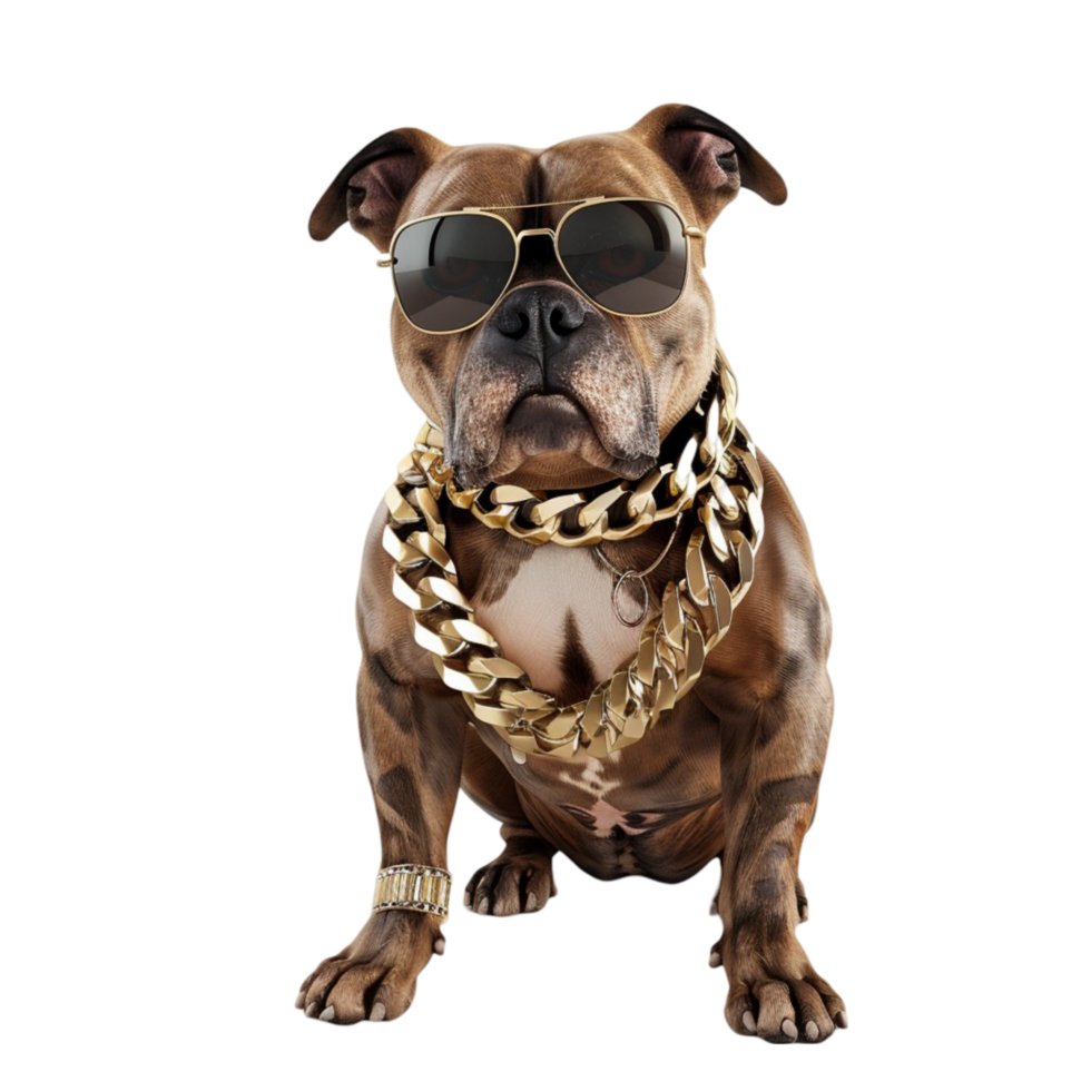 A dog wearing sunglasses and a gold chain on transparent background. png