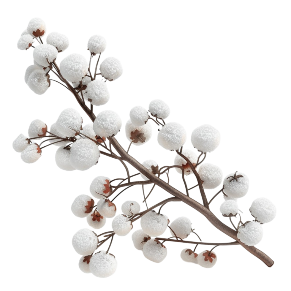 Cotton plant on a branch with white flowers on transparent background. png