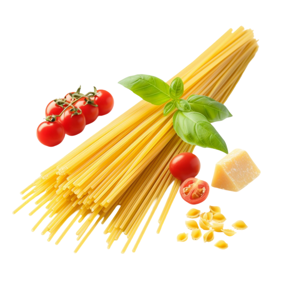 Italian pasta with tomatoes and basil on transparent background. png
