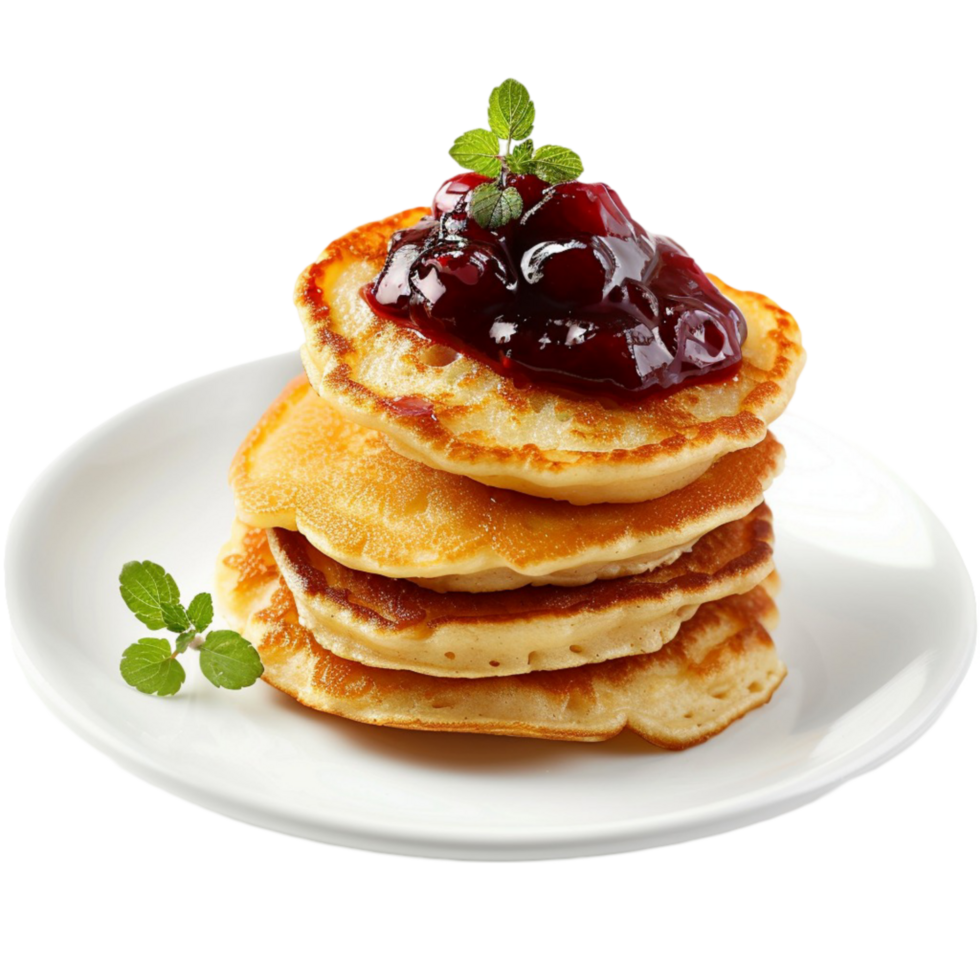 Pancakes with jam on top of them on a plate on transparent background. png