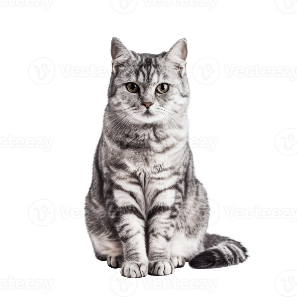 Gray tabby cat sitting and looking at the camera png