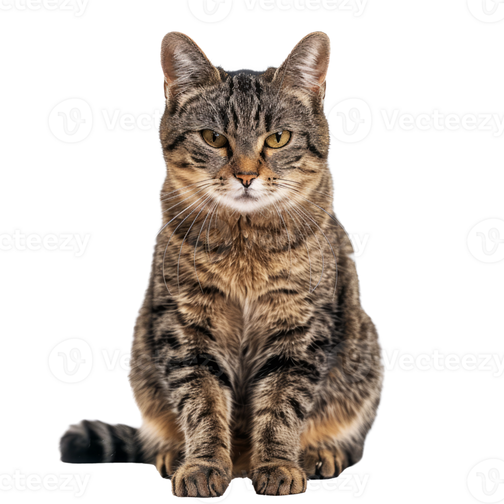 Gray tabby cat sitting and looking at the camera png