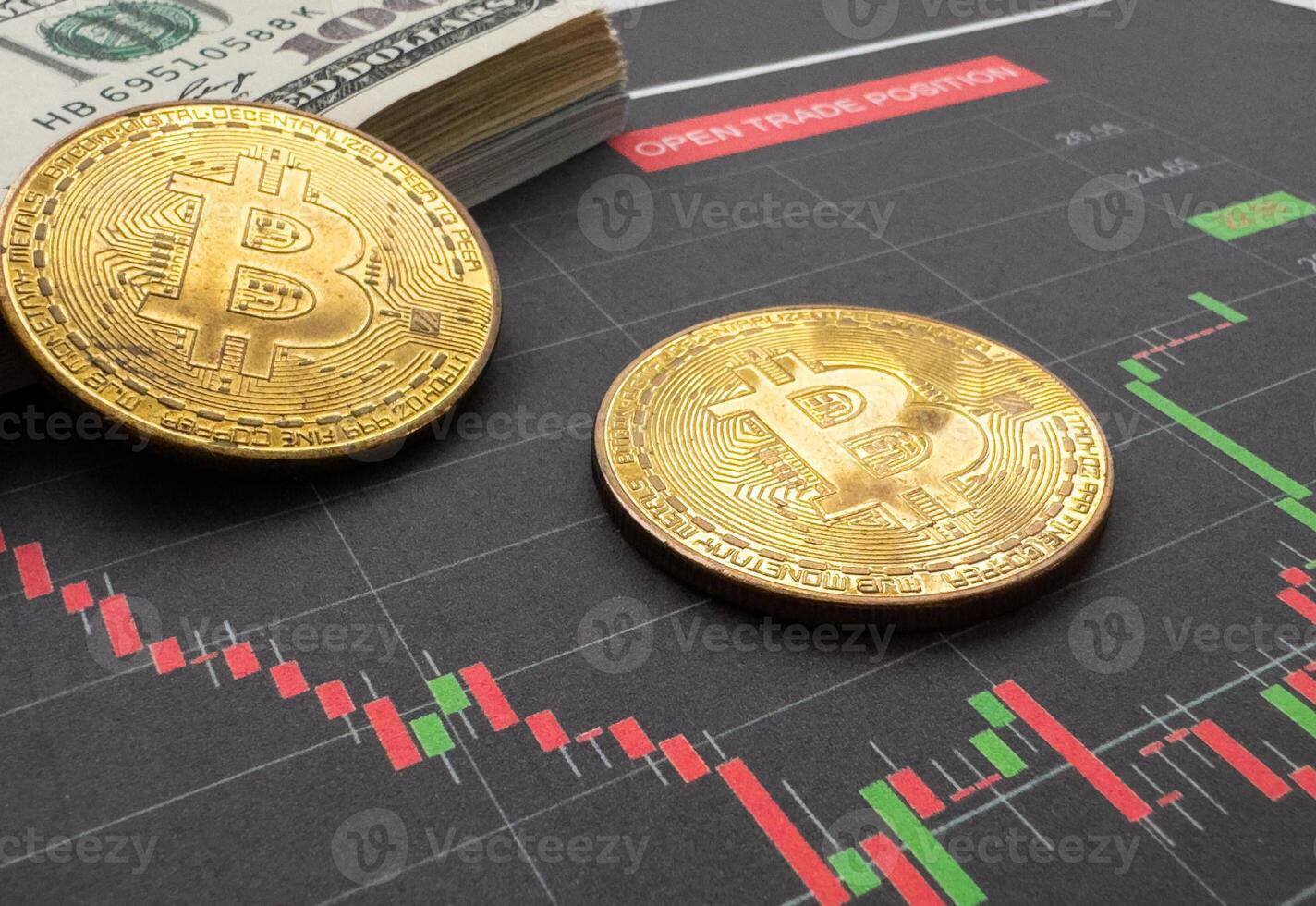 Gold ethereum cryptocurrency coin on stock market line graph trading chart. Top view. photo