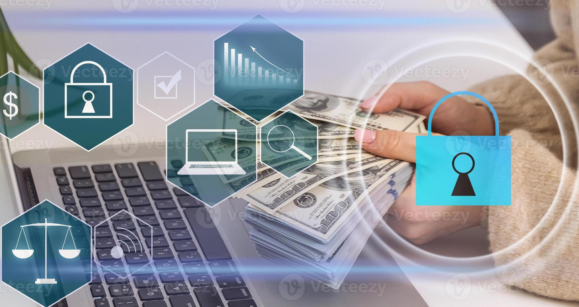 Cybersecurity and privacy concepts to protect data. Lock icon and internet network security technology. Businessmen protecting personal data on laptops and virtual interfaces photo