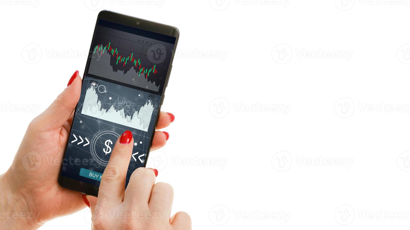 ICO concept - hand clicks on smartphone with abstract graphics. photo