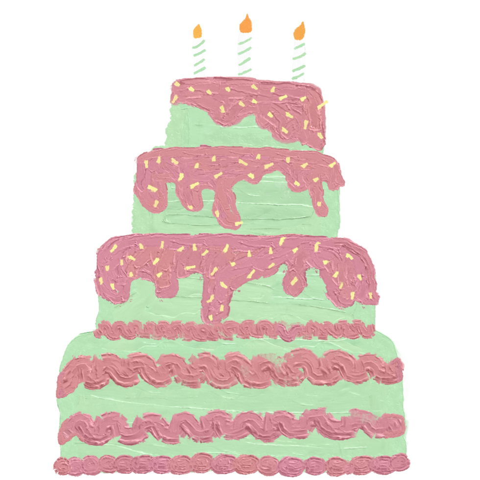 Four Tier Spatula Painted Birthday Cake with Pink Frosting and Three Candles png