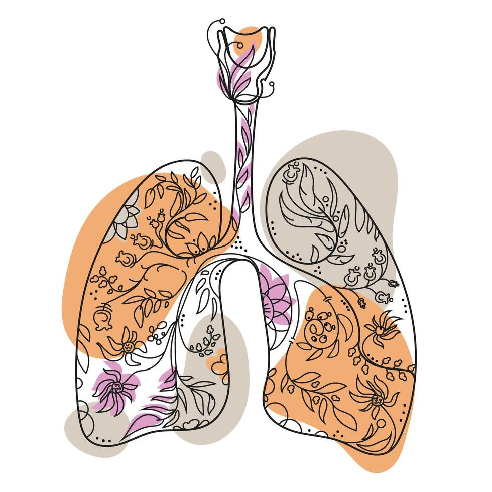 Human lungs with flowers and plants inside. Linear drawing with colored organic flying blobs. Healthy lungs. Abstract art poster, emblem, print design. illustration vector