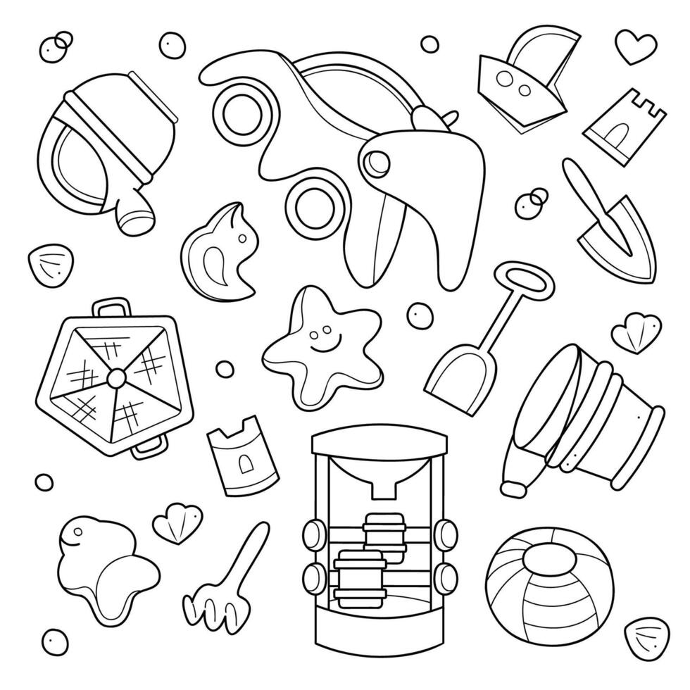 Doodle set with beach toys. Black and white clip art illustration. vector