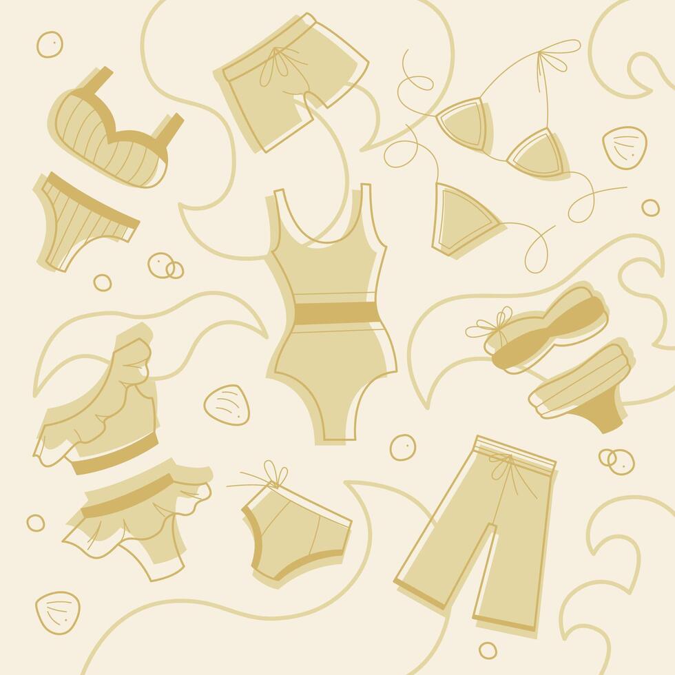 Set with different swimwear. Doodles clip art in pastel colors. vector