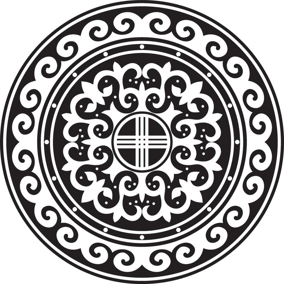 black monochrome round Kazakh national ornament. Ethnic pattern of the peoples of the Great Steppe, Mongols, Kyrgyz, Kalmyks, Buryats. circle, frame border. vector