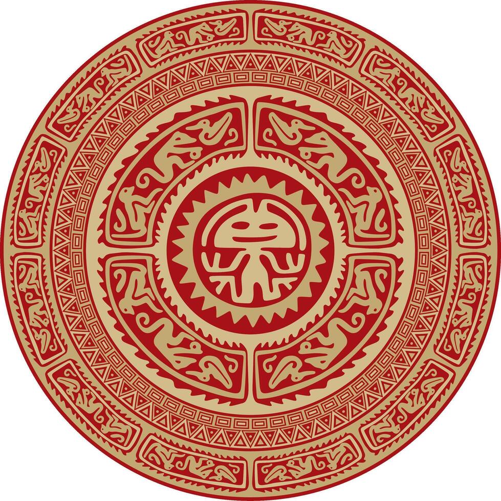 Native American round gold with red pattern. Geometric shapes in a circle. National ornament of the peoples of America, Maya, Aztecs, Incas. vector