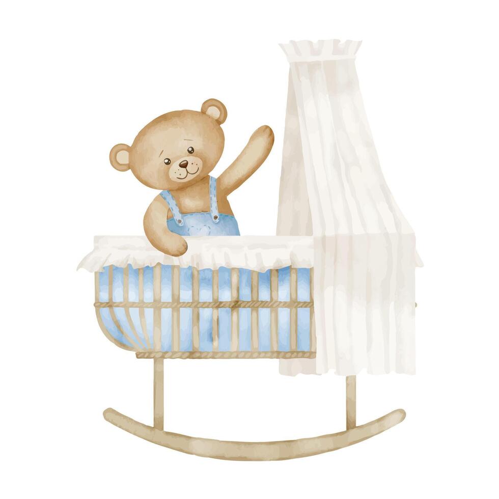 Teddy Bear in Baby Cradle watercolor illustration. Drawing of cute Toy in cot for childish greeting cards or newborn invitations in pastel blue and beige colors. Character in Crib for kids vector
