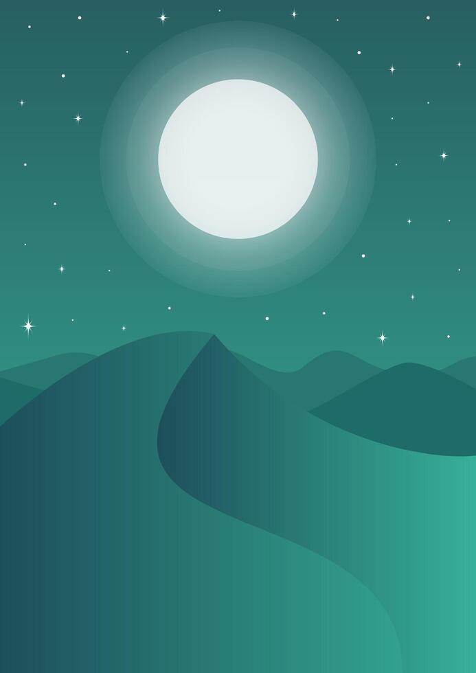 Desert night starry landscape, bright dunes illustration. Boho wall decor gradient flat 2d concept.Travel to Egypt vector