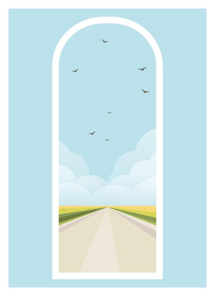 Countryside road rural landscape scene view. Spain region view with wheat field 2d cartoon art. vector