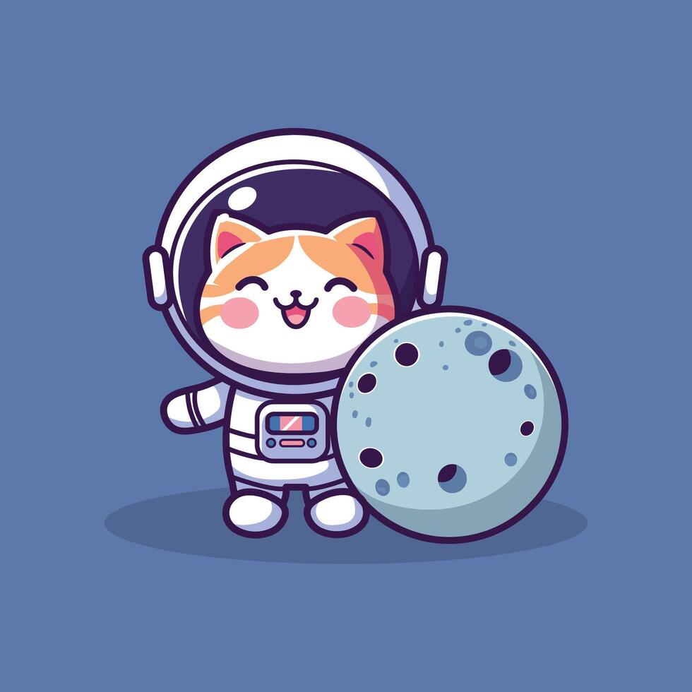 Cute cat astronaut in space suit with moon. illustration. vector