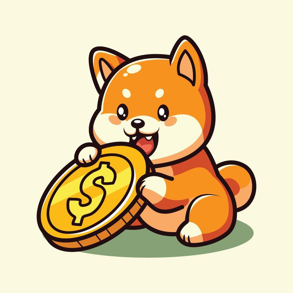 Shiba Inu holding a coin. illustration in cartoon style. vector