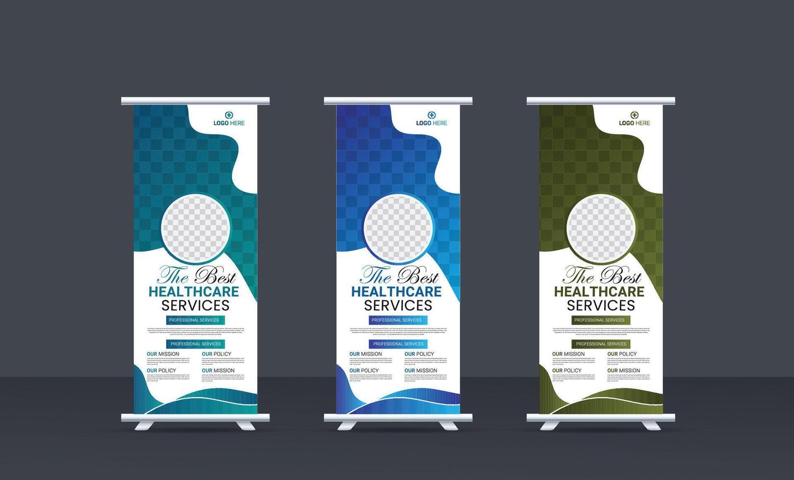 professional health care medical rollup banner design set template with three color variations. vector