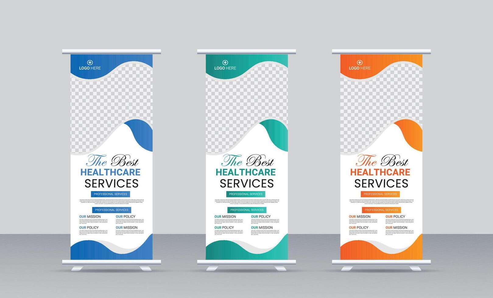 professional health care medical rollup banner design set template with three color variations. vector