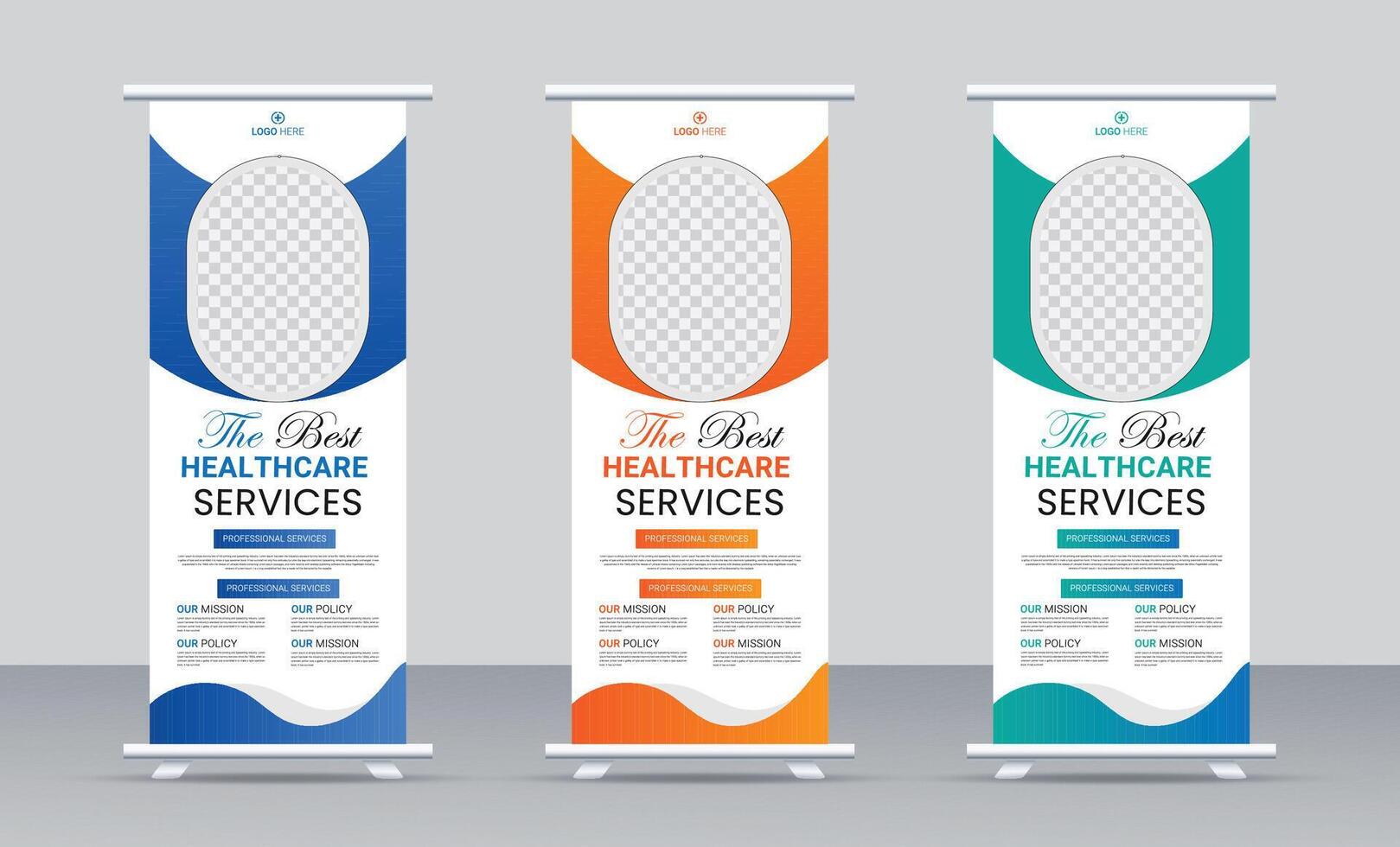 professional health care medical rollup banner design set template with three color variations. vector