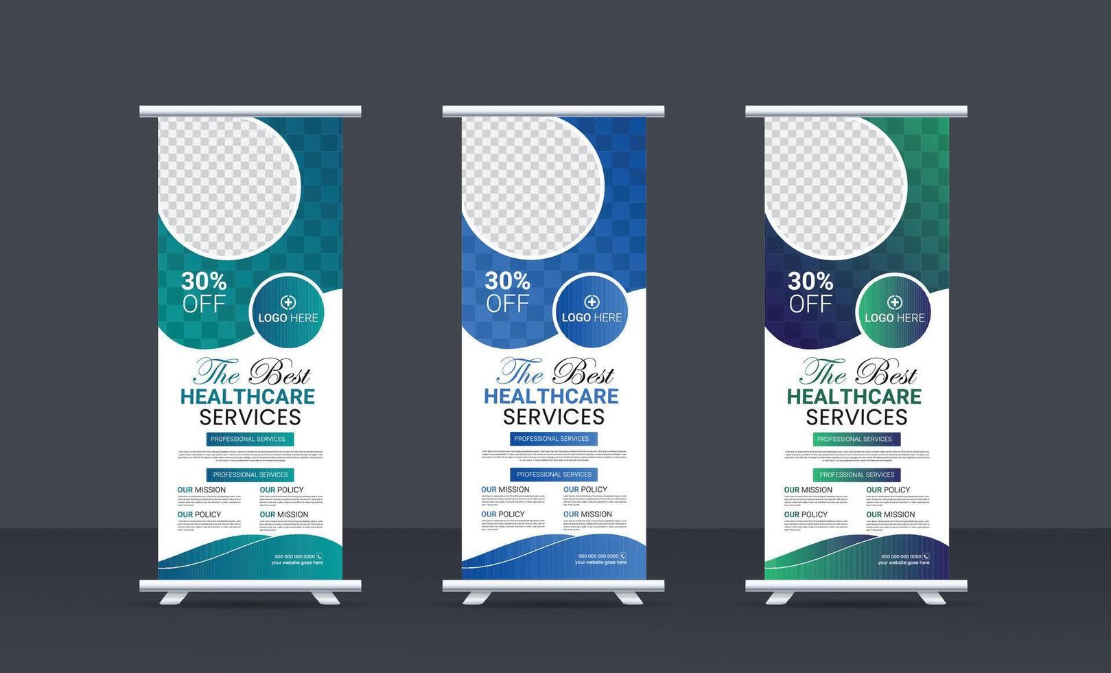 professional health care medical rollup banner design set template with three color variations. vector