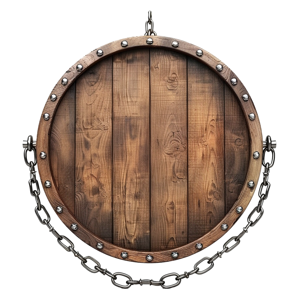 Empty Circular wooden sign with chains isolated on transparent background png