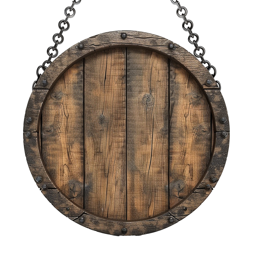 Empty Circular wooden sign with chains isolated on transparent background png