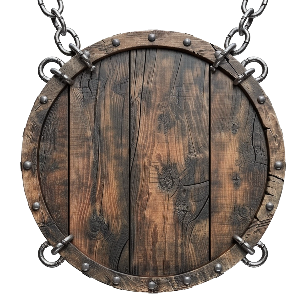 Empty Circular wooden sign with chains isolated on transparent background png
