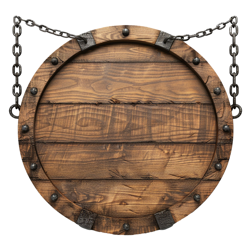 Empty Circular wooden sign with chains isolated on transparent background png