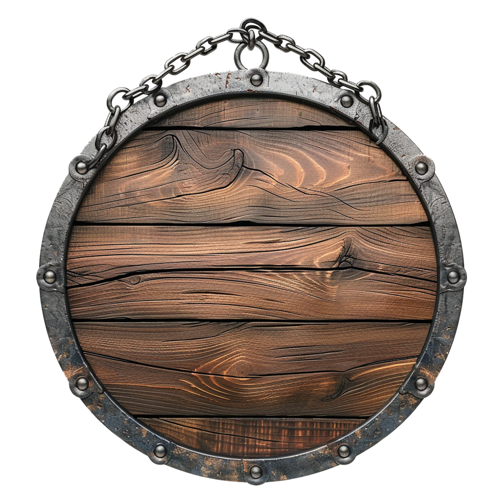 Empty Circular wooden sign with chains isolated on transparent background png