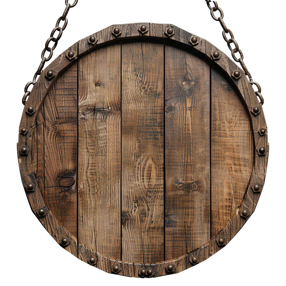 Empty Circular wooden sign with chains isolated on transparent background png