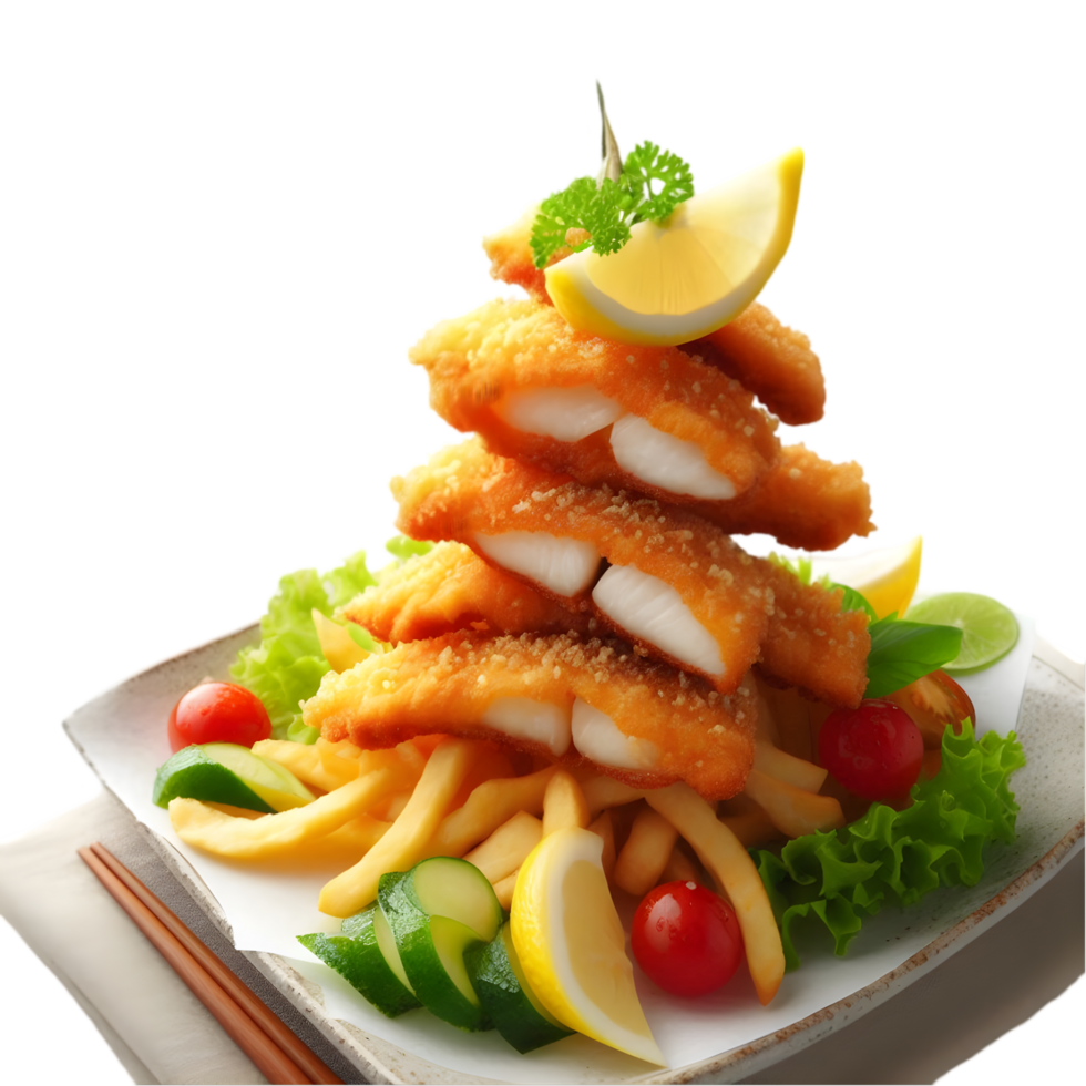 Fish fillet with vegetables and lemon on a plate on transparent background png