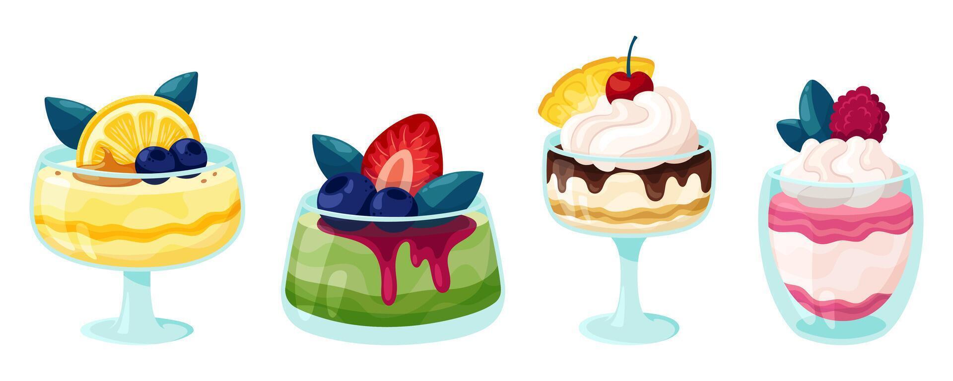 Set of summer desserts with fresh berries. Cartoon flat illustrations for advertising or menu design vector