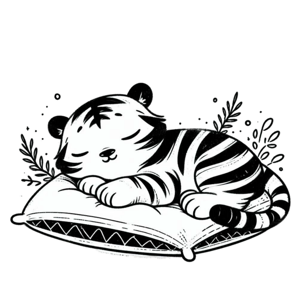 AI-Generated a black and white tiger sleeping on a pillow png