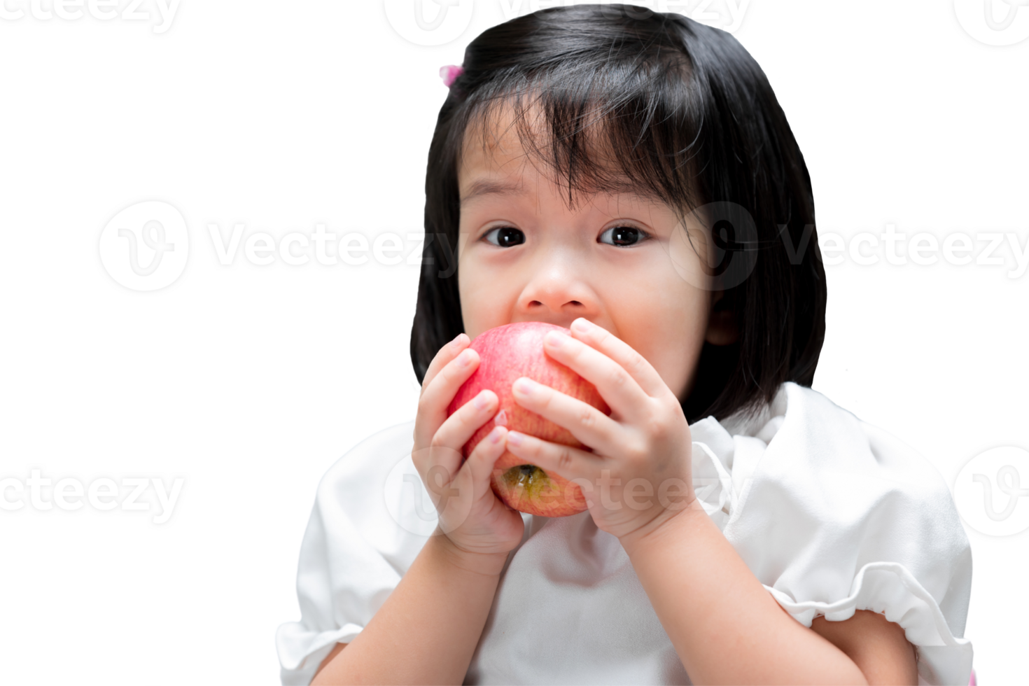 Smiling child enjoying a fresh red apple. A cute girl is happily biting an apple. Children eat fruit to stay healthy and strong. Isolated background. png