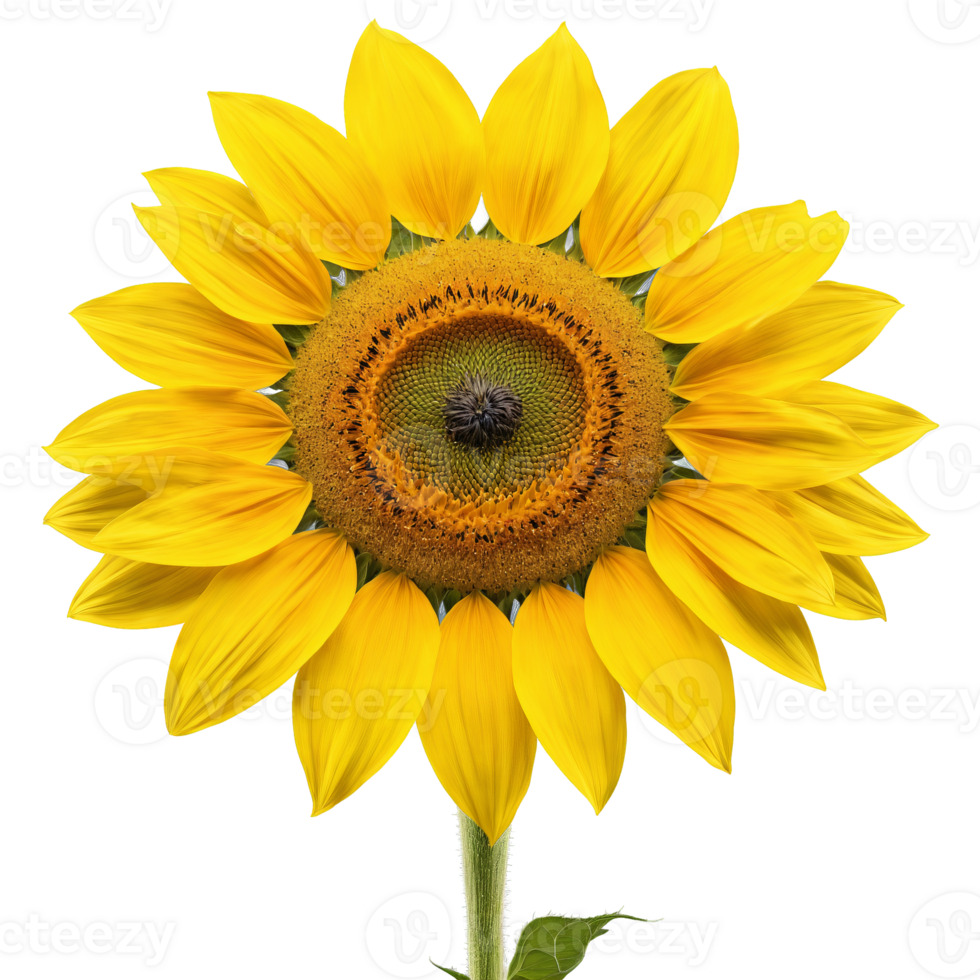 Sunflower vibrant yellow petals surrounding dark brown center seeds visible Helianthus annuus. Flowers isolated on transparent background png
