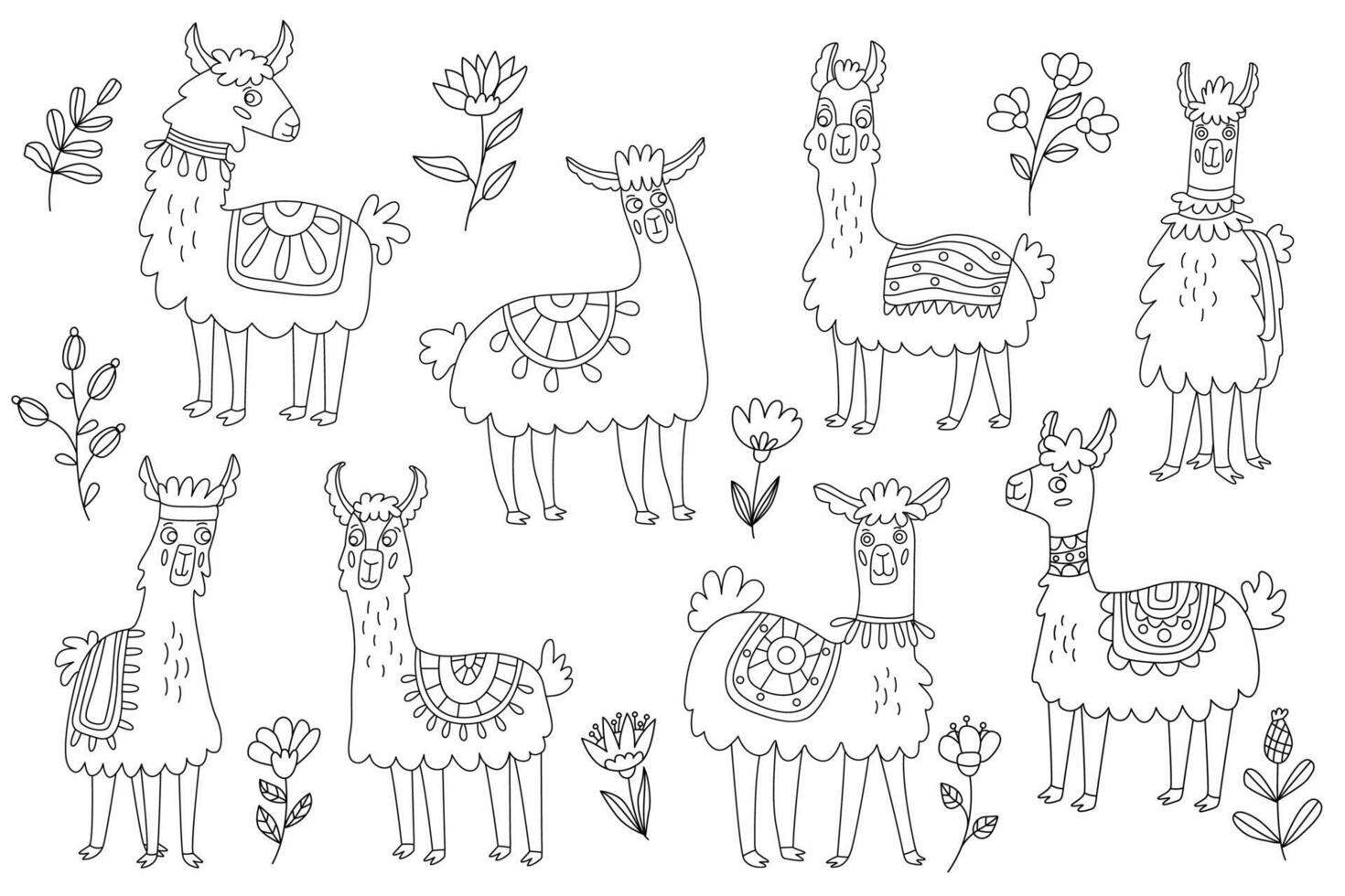 Doodle set with cute llamas or alpacas and flowers. Hand drawn illustration, isolated black outline. Great for coloring. vector