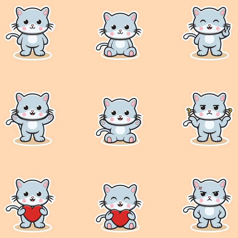 Cute Cat character different poses illustration. Cartoon character design. Flat Cartoon Style. Cute Animal Set. vector