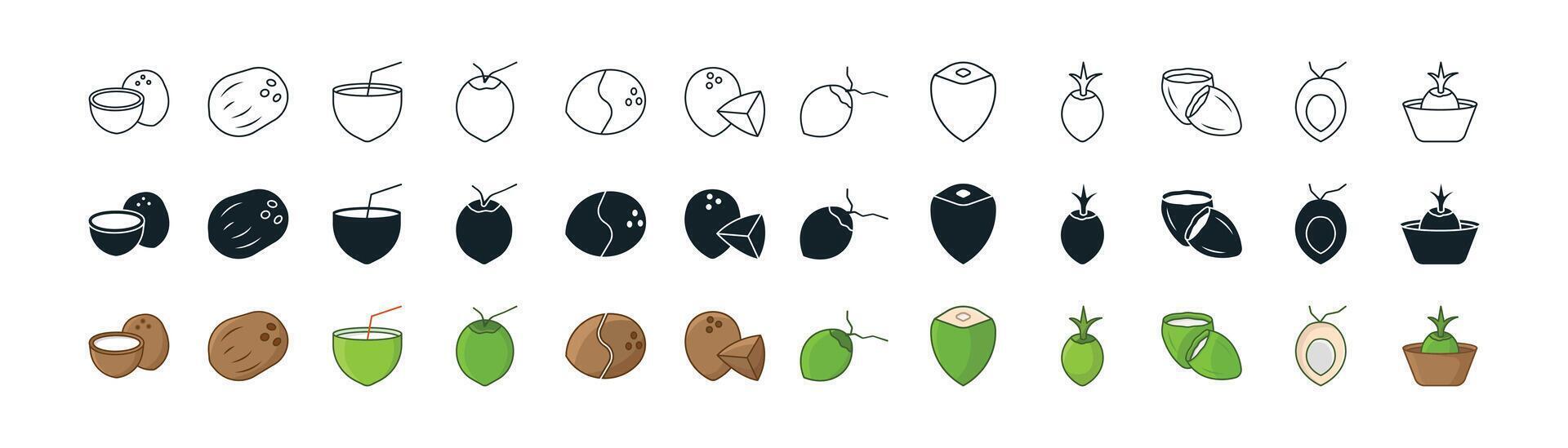 A set of minimal icon set of organic coconut with line, field, and illustration variants vector
