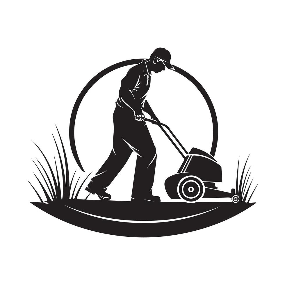 Man with Lawn Mower Isolated on White Background. Isolated Lawn Mowing Cutting Grass vector